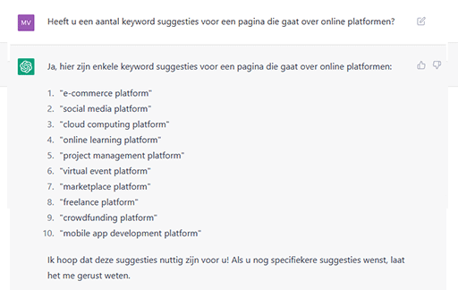 Zoekwoordsuggesties van ChatGPT