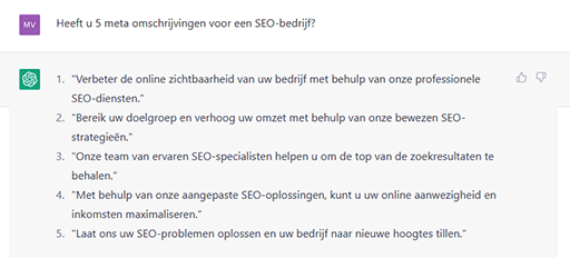 Voorbeelden van SEO-metabeschrijvingen van ChatGPT